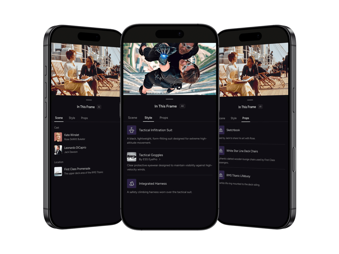 Triptych of mobile screens showing the "In This Frame" AI feature identifying Scene, Style, and Props across different movie scenes