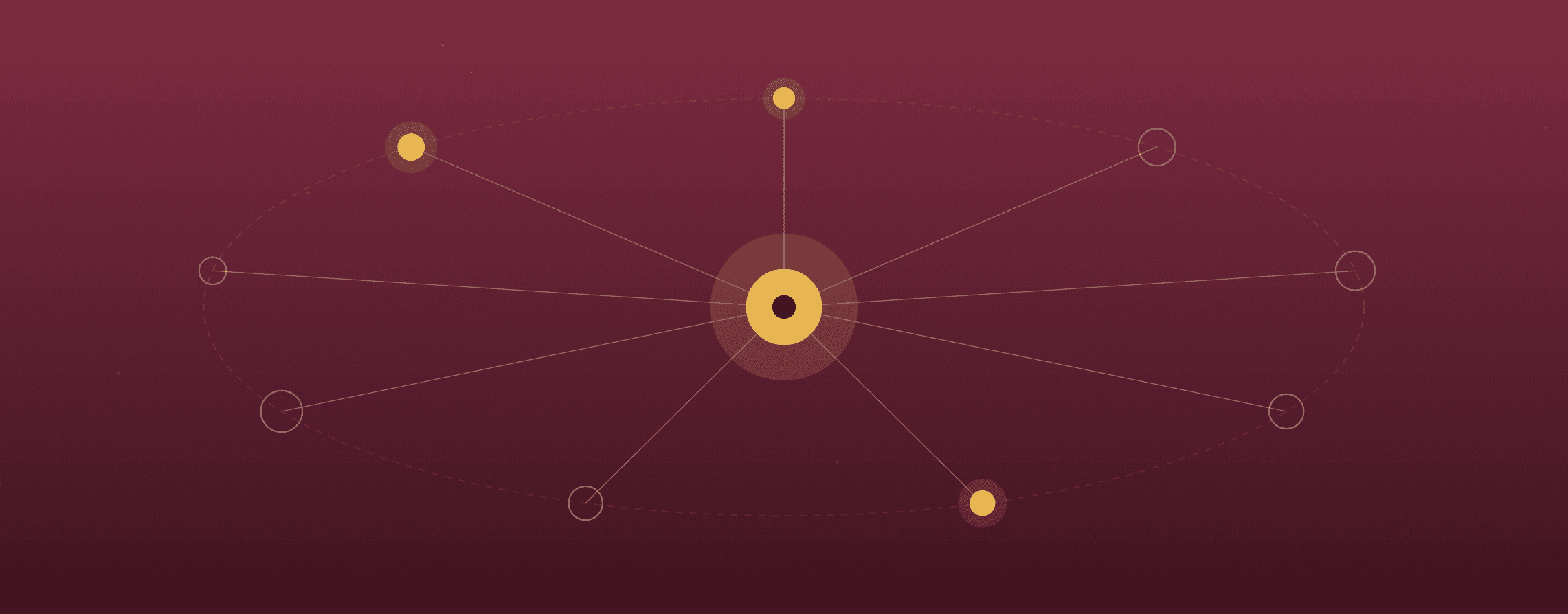 Minimalist radial diagram on deep burgundy: one central gold studio node with bone spokes radiating to nine industry nodes around it, a few lit gold — one team serving many industries, where range is a feature. Raised Media Co.