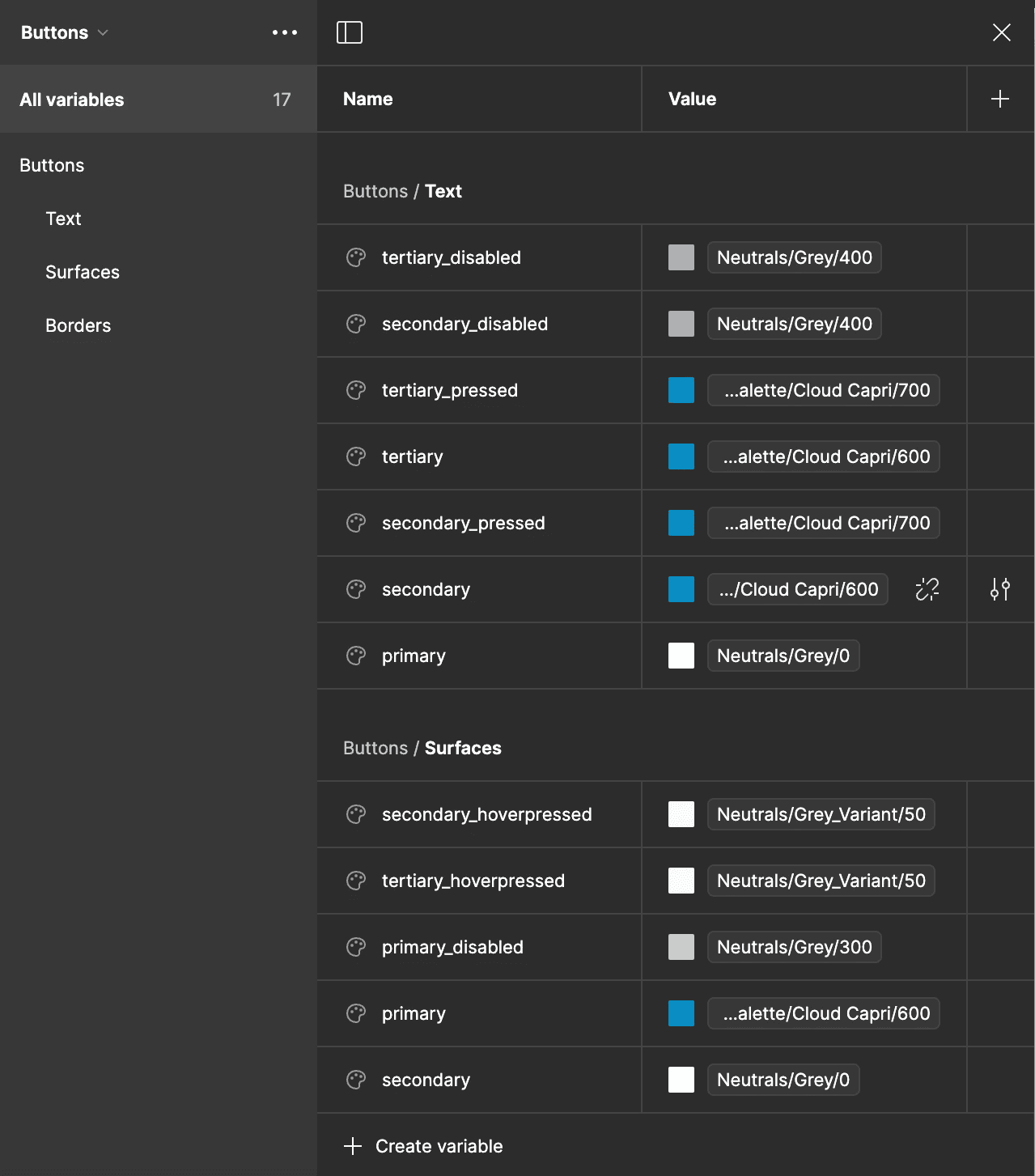 A screenshot of figmas variables