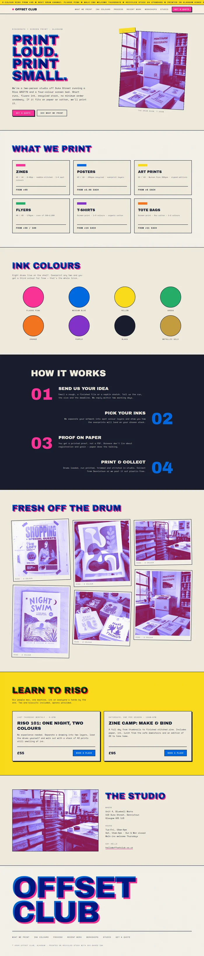 Full page of an AI-generated print shop website with riso headline, print products, ink swatches, process, work grid and workshops