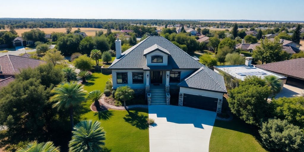 Drone view of a beautiful house and landscape.