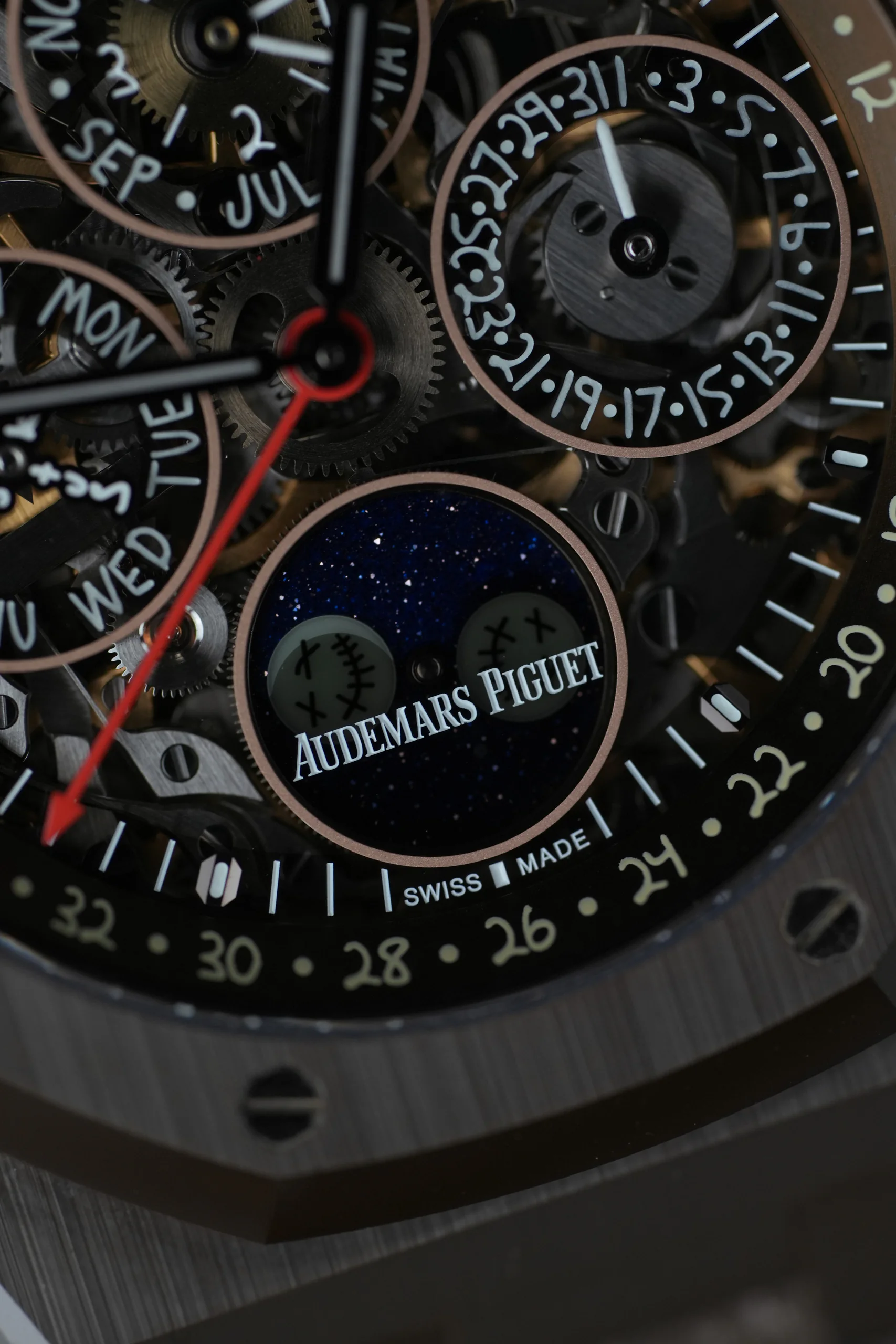 Close-up of the openworked dial on the Audemars Piguet Royal Oak Perpetual Calendar Travis Scott Cactus Jack 26585CM