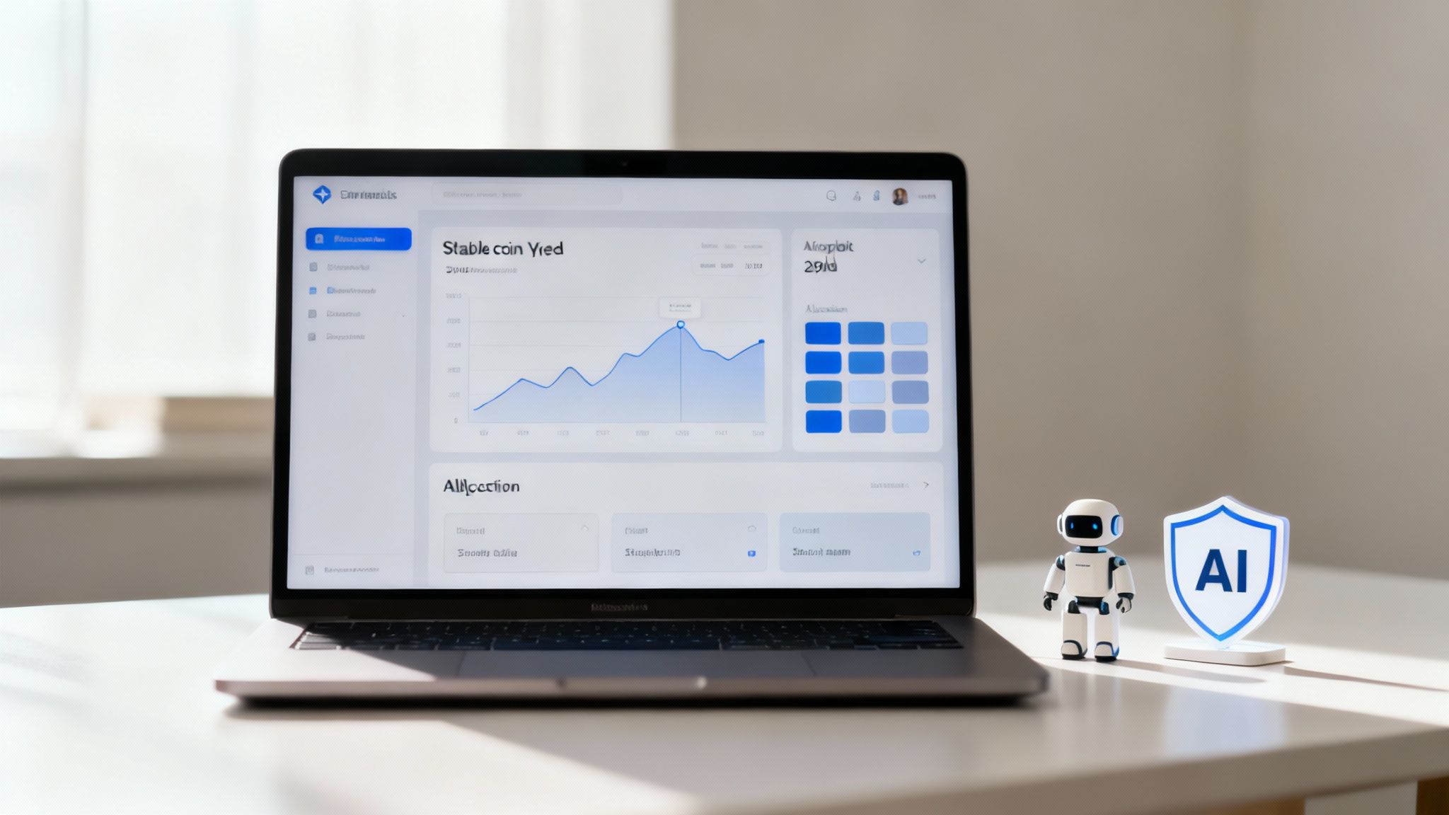 A laptop displays a data dashboard with charts, next to a robot and an AI security shield.