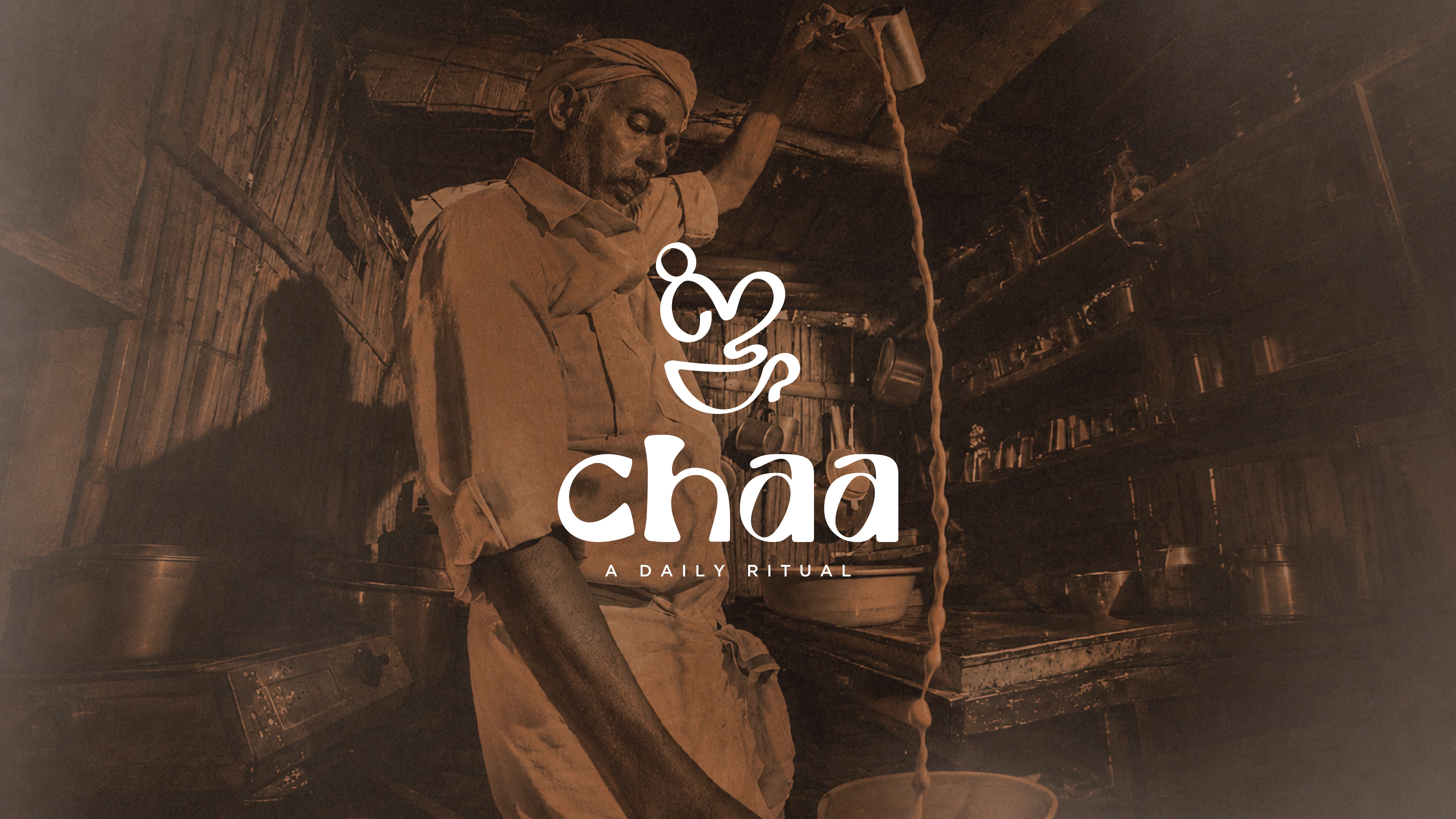 In a rustic, sepia-toned tea shop, a man skillfully pours a stream of steaming chai from a height, creating a mesmerizing flow as it cascades into a metal container below.
