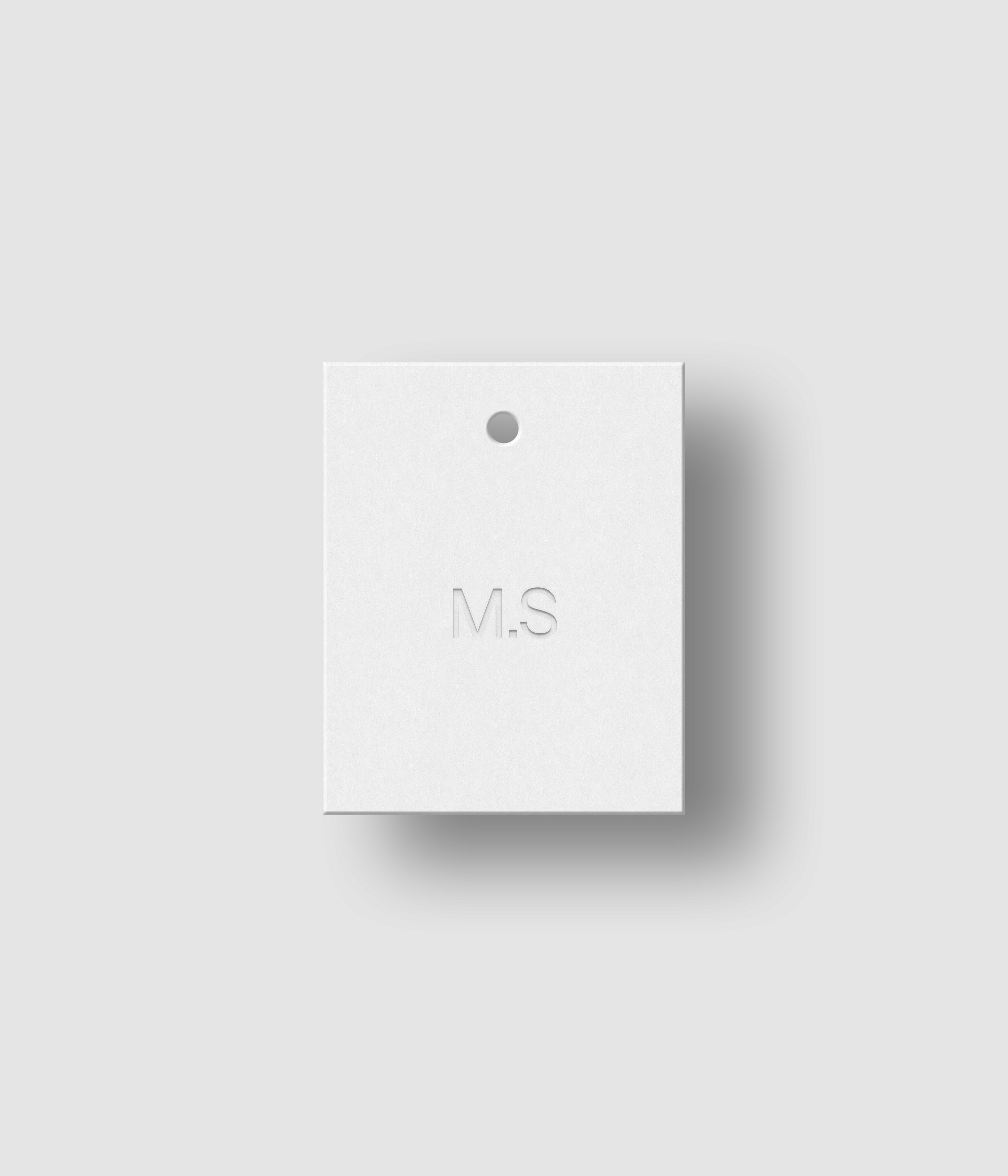 White 4x5 hang tag mockup on white background with soft shadow and debossed logo effect for Photoshop download psd