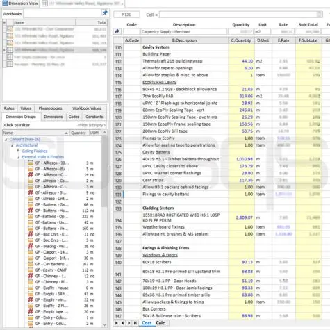 Carpentry cladding takeoff measurement workbook in CostX by SubsQS