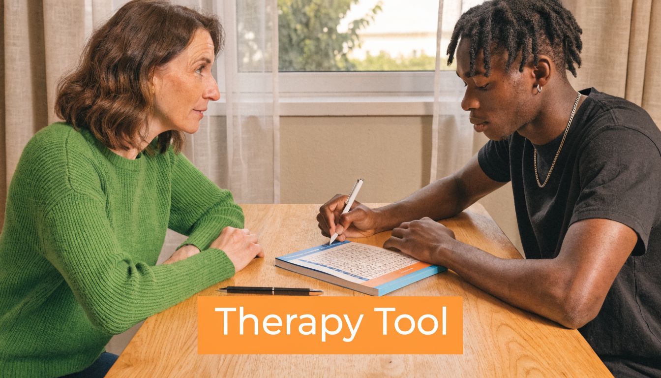 A middle-aged woman and a young man sit at a wooden table together playing a Sudoku puzzle.