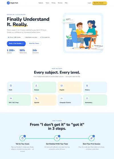 Tutoring service website template preview with free session call to action