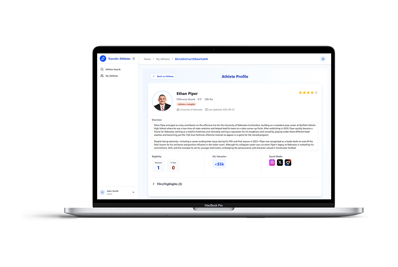 A computer showing the scouting report of a transfer athlete