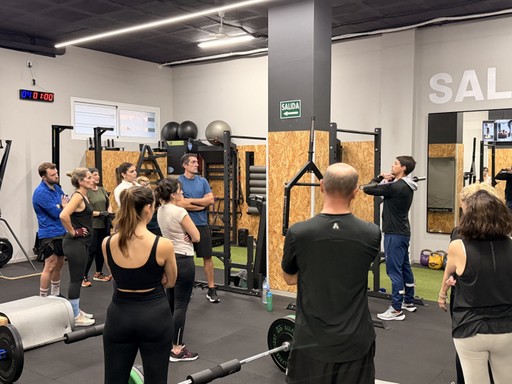 person in gray shirt holding black dumbbell