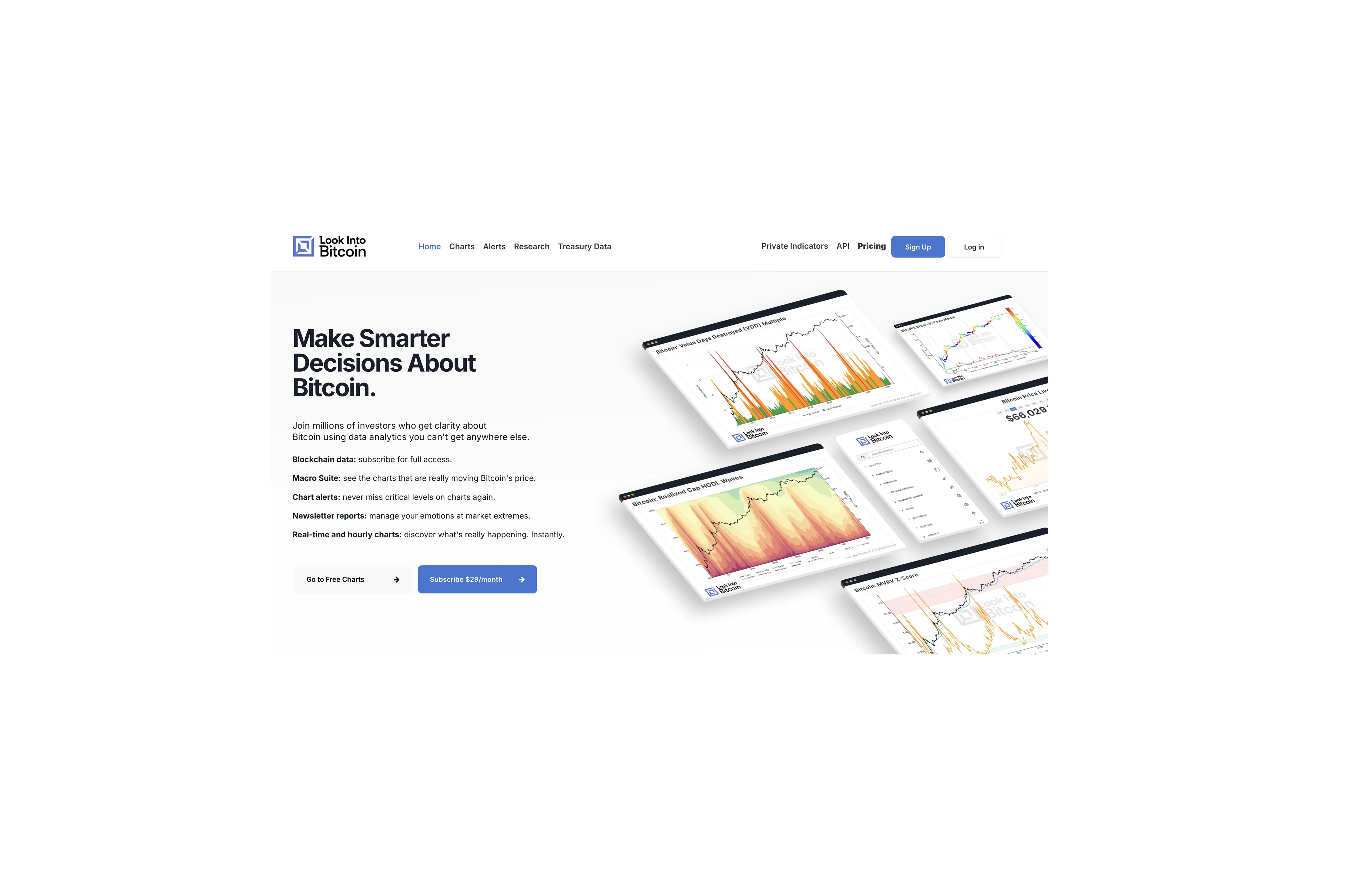 LookIntoBitcoin homepage displaying Bitcoin on-chain analytics, HODL wave charts, and market cycle indicators.