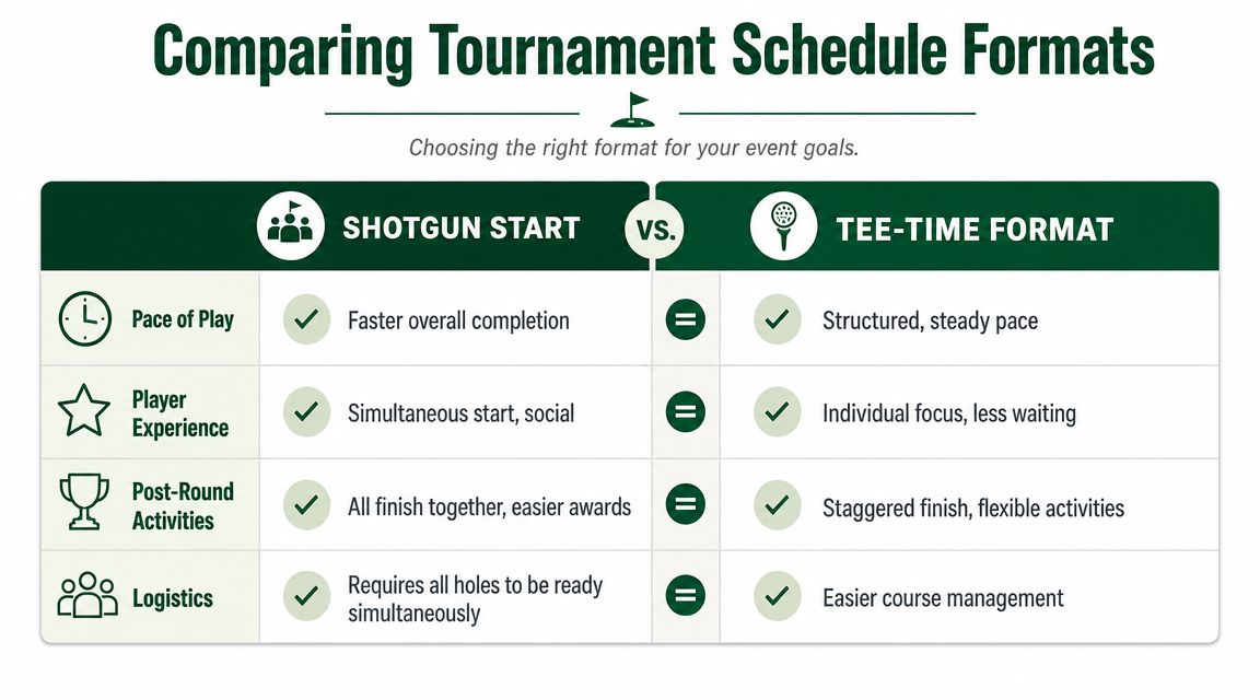 A comparison chart showing the differences between shotgun start and tee-time format for golf tournament scheduling.