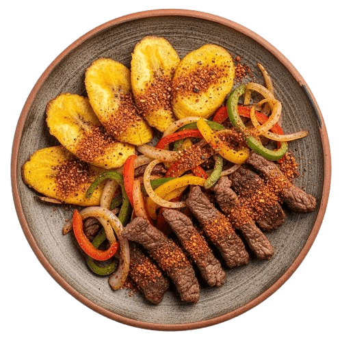 plantain and steak on brown plate