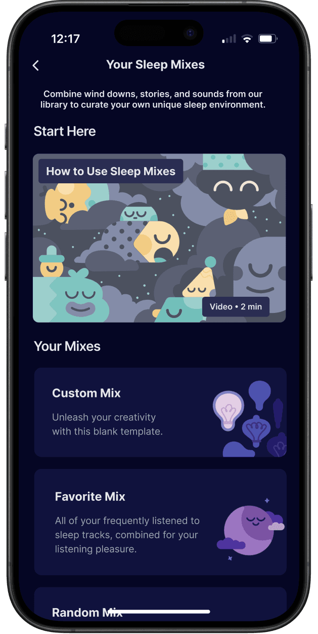 iphone mockup open to Headspace page titled "Your Sleep Mixes"