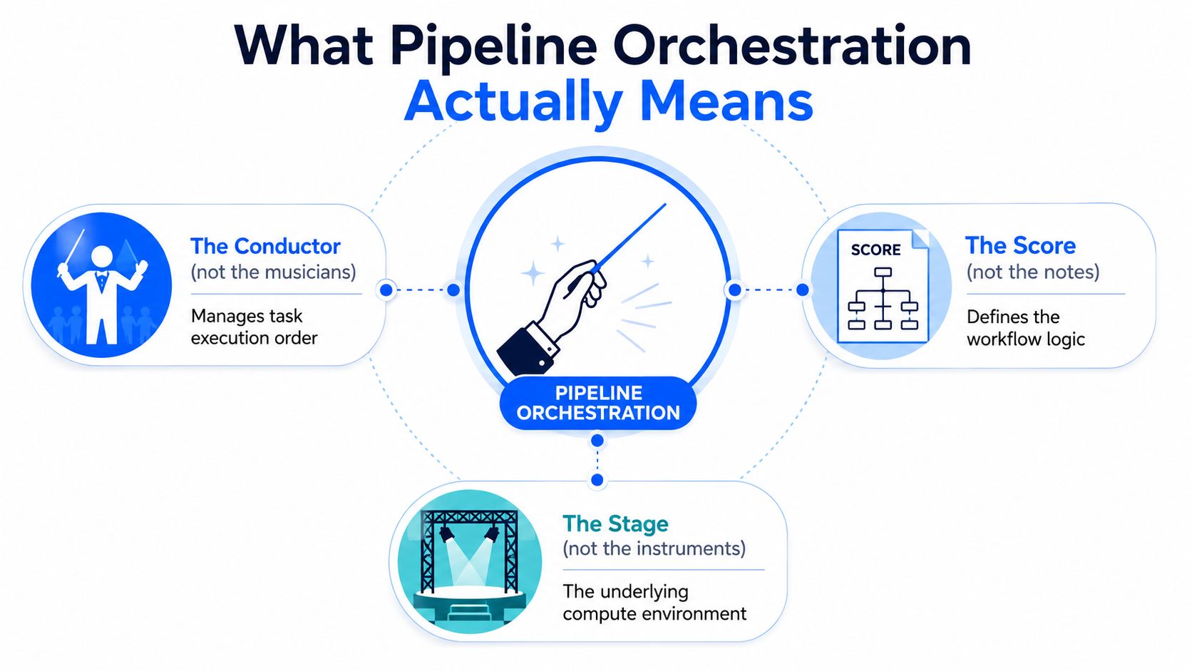 An infographic titled What Pipeline Orchestration Actually Means, explaining components like the conductor, score, and stage.
