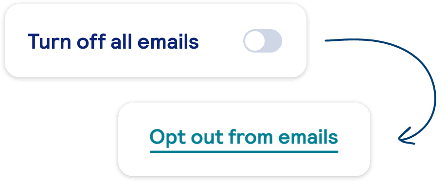 Before and after toggle redesign: ‘Turn off all emails’ uses a switch in the off position, while the improved version uses a clear ‘Turn off all notifications’ action to remove off-state ambiguity.
