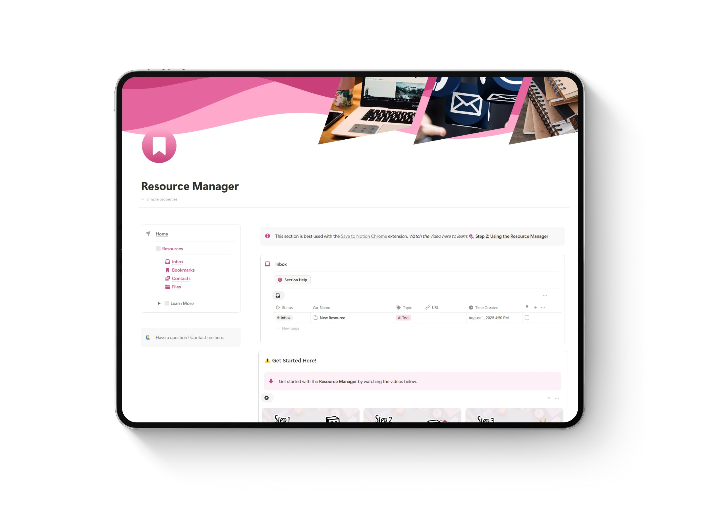 Thumbnail of Notion template for teachers and education featuring an iPad mockup displaying ‘Bookmark Tracker’ title with vibrant yellow accent colors.