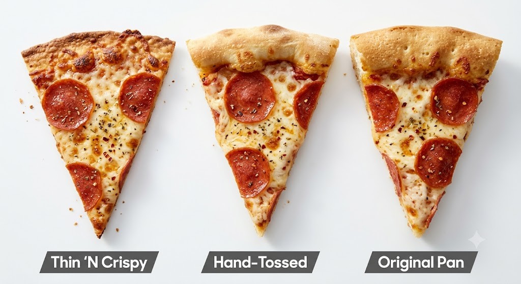 A horizontal infographic comparing three slices of Pizza Hut pizza: Thin 'N Crispy, Hand-Tossed, and Original Pan, showing differences in crust thickness and texture.