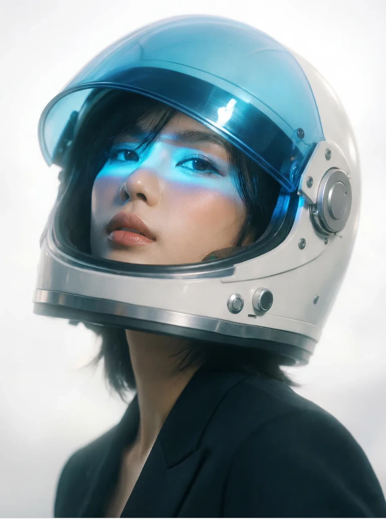 Cinematic close-up portrait of a korean model wearing a retro-futuristic space helmet with a blue-tinted visor half open over a black blazer