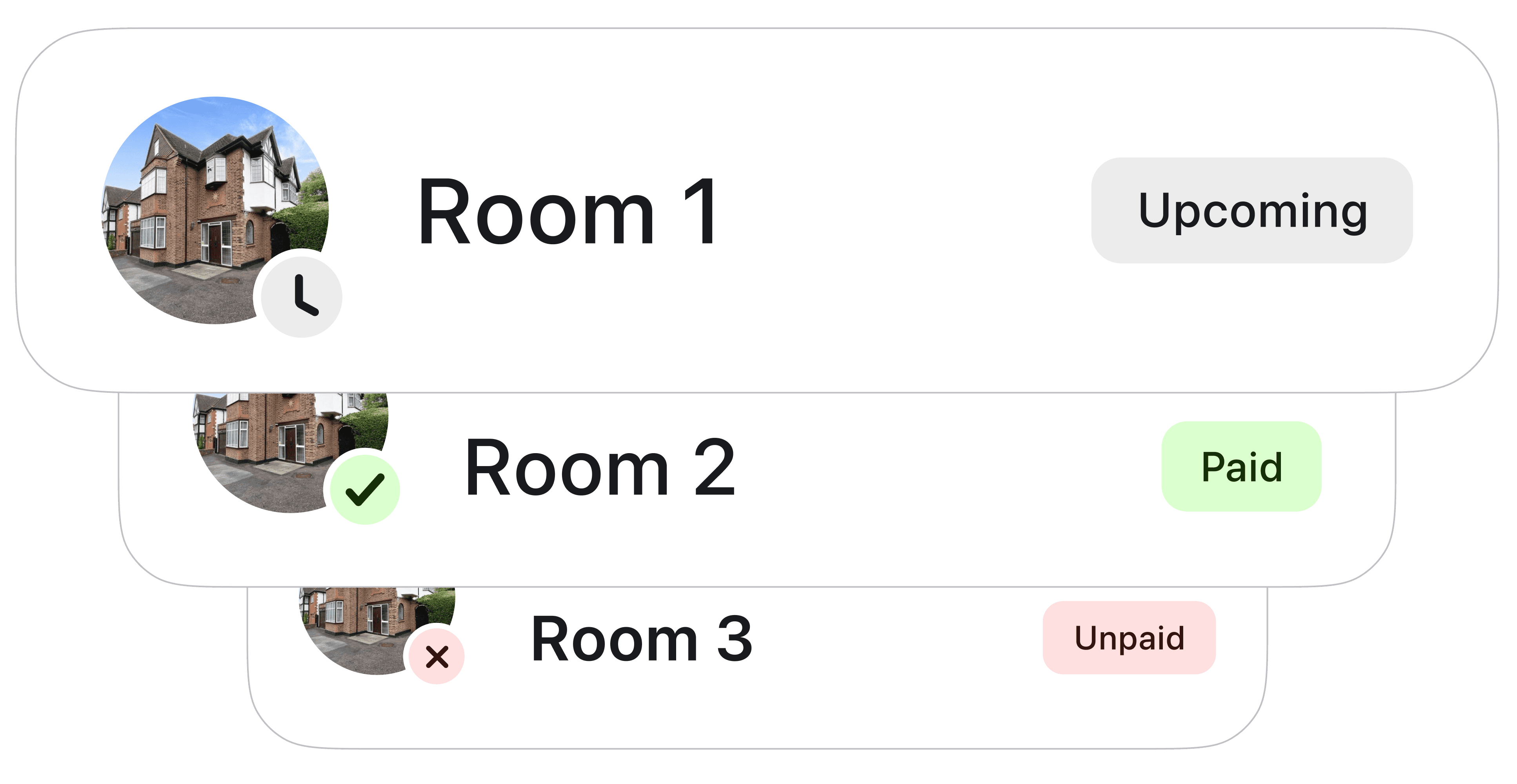 HMO rent tracking screen in August showing three rooms: Room 1 upcoming, Room 2 paid, Room 3 unpaid, with tenant avatars.