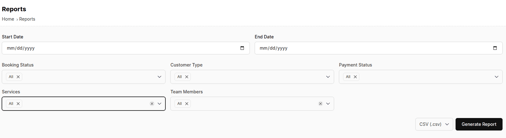Reports page with date, status, customer type, service and team member filters and the Generate Report button