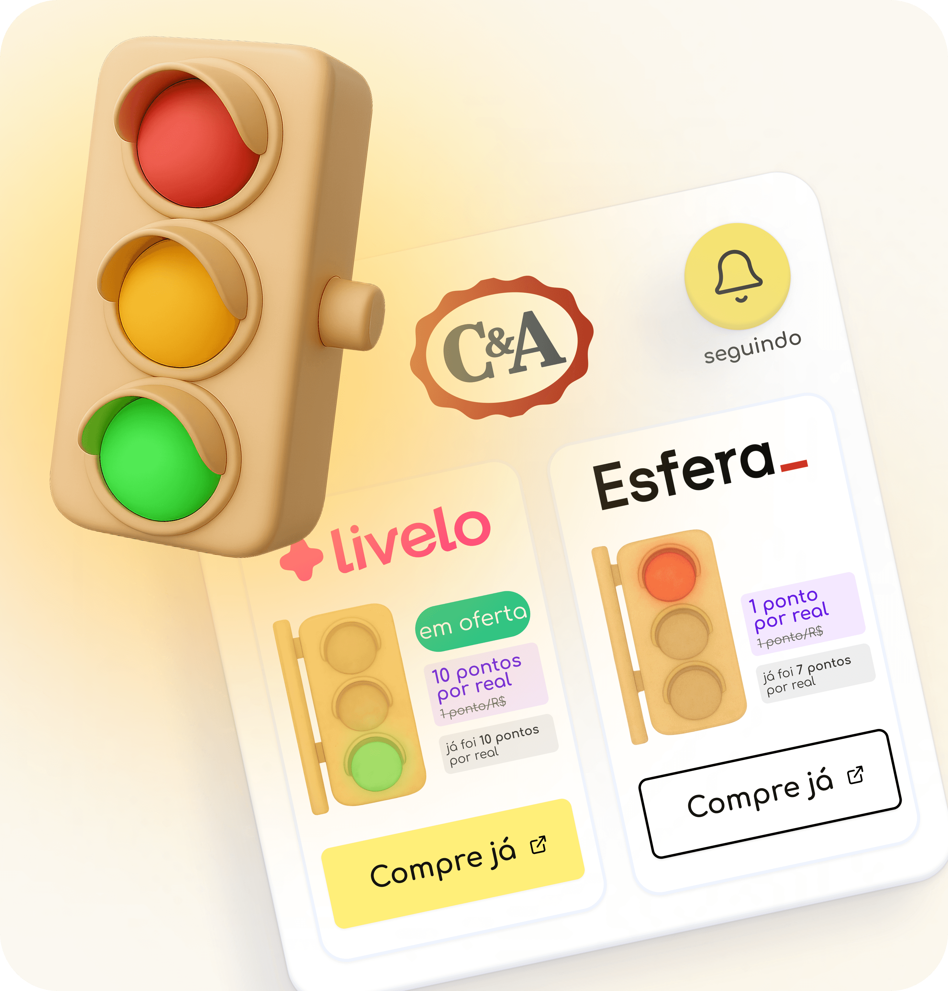 Tela do app AceleraPontos em um smartphone mostrando o semáforo de ofertas, indicando o melhor momento para comprar e acumular pontos e milhas.