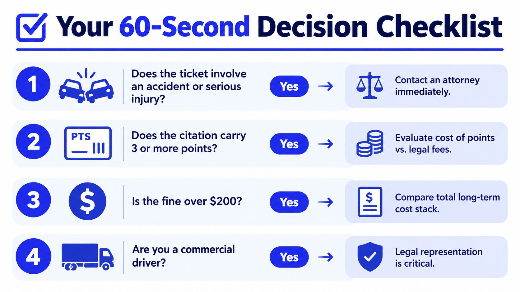 A checklist chart helping drivers decide if they need to hire a traffic ticket lawyer.