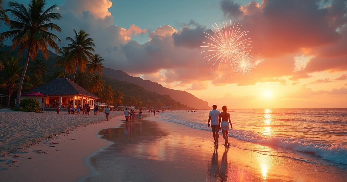 Praia tranquila com poucas pessoas e atividades de lazer ao pôr do sol 