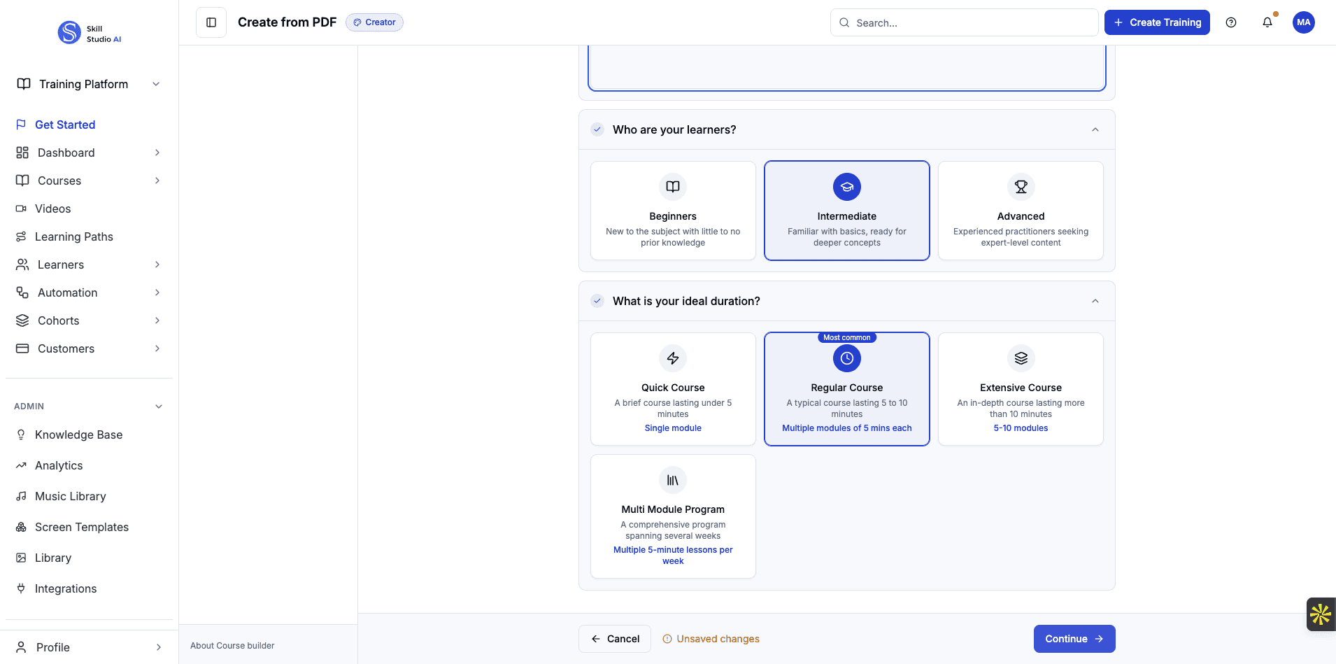 Click Continue to proceed with your course configuration.