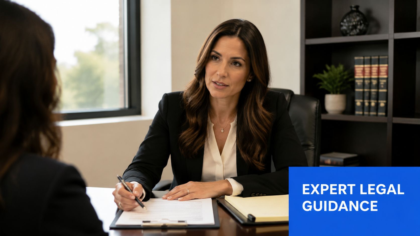 A professional female attorney consults with a client in a modern office, providing expert legal guidance.