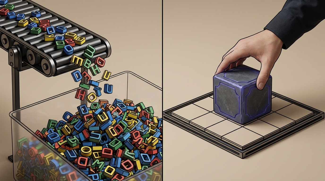 An illustration comparing AI content generation to human craftsmanship; the left shows a conveyor belt dumping a pile of hollow letters, while the right shows a person building a structure with solid, deliberate blocks.