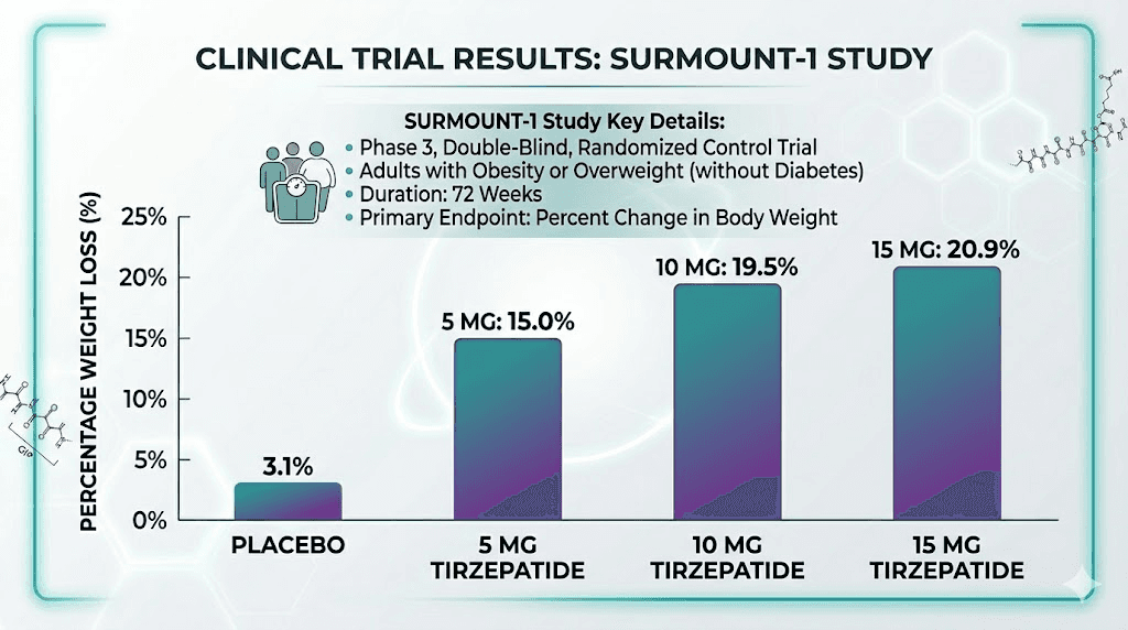 SURMOUNT-1 tirzepatide clinical trial weight loss results by dose