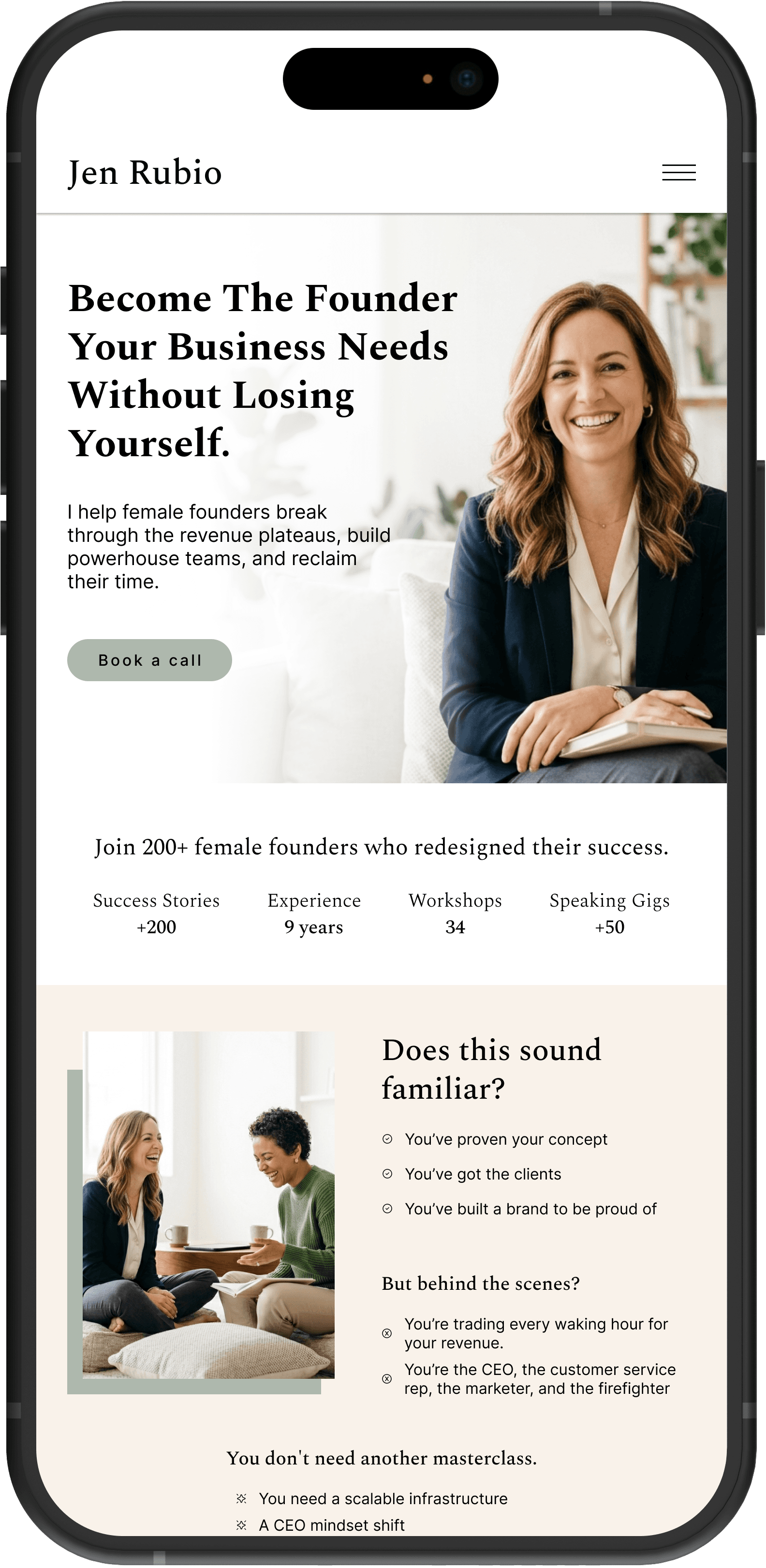 Mobile website design for a business coach, featuring a hero section with headline, portrait photo, call-to-action button, and a social proof stats bar