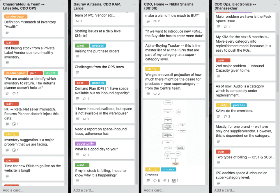I use Trello to document the interview transcripts. I label each of the cards as shown above to help me process these cards faster (Life before Dovetail)