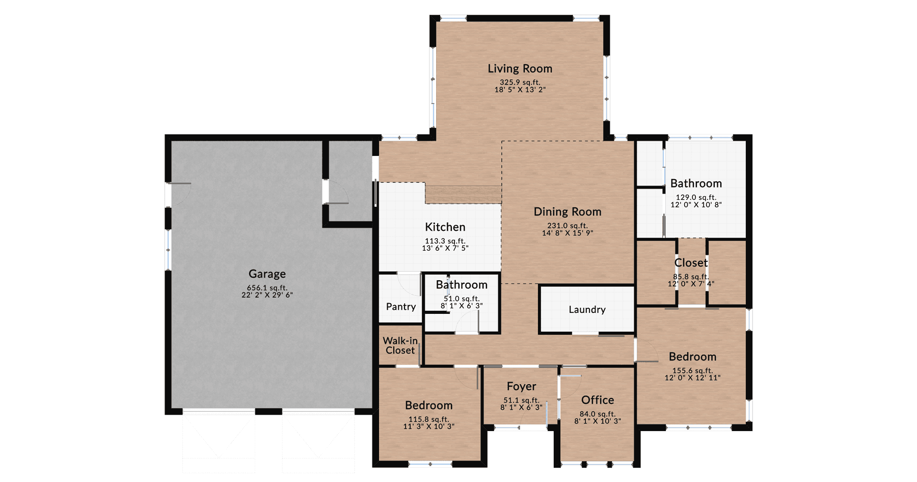 Two-bedroom house floor plan featuring an open living room, dining area, modern kitchen, home office, two bathrooms, laundry room, and attached garage.