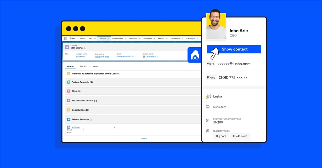 Lusha dashboard showing verified contacts, accuracy score, and credit usage.