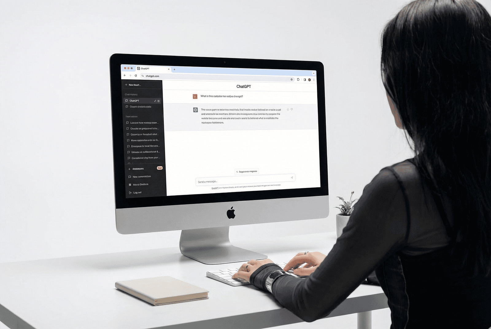 Designer viewed from behind working at an iMac with ChatGPT open on the screen, suggesting a collaborative workflow where human judgment and AI tools shape the design process.