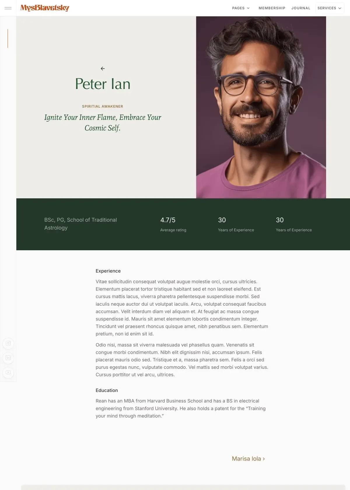 Screenshot of the MysBlavatsky Practitioner profile page