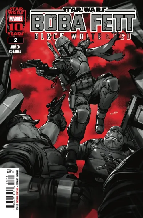Cover for Star Wars: Boba Fett - Black, White, & Red #2 featuring a grayscale Boba Fett in action.