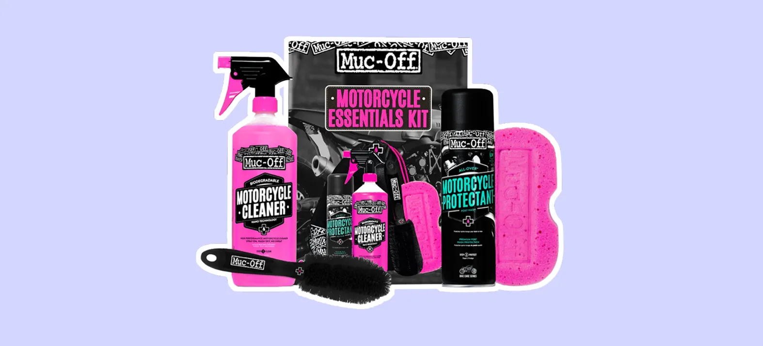 Coffret d’entretien moto Muc-Off Motorcycle Essentials Kit avec nettoyants et accessoires.