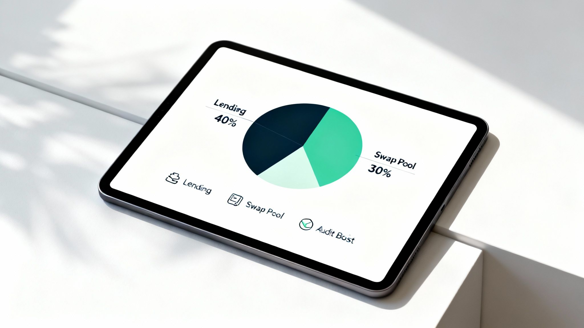 A tablet displays a DeFi strategy optimization pie chart showing allocations for Lending, Swap Pool, and Audit Boost.