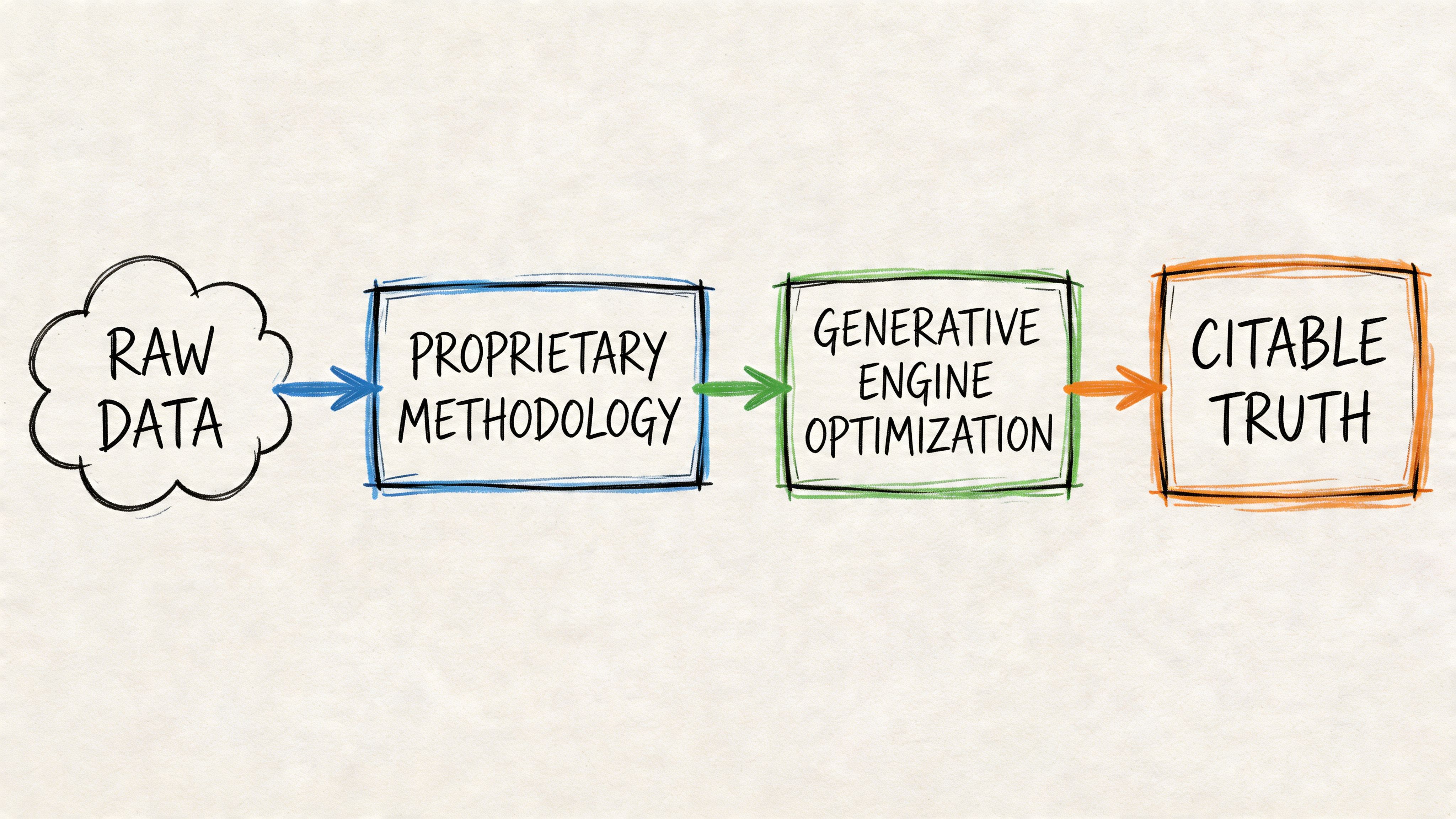 A conceptual diagram illustrating a four-stage process transforming raw data into citable truth via generative engine optimization.