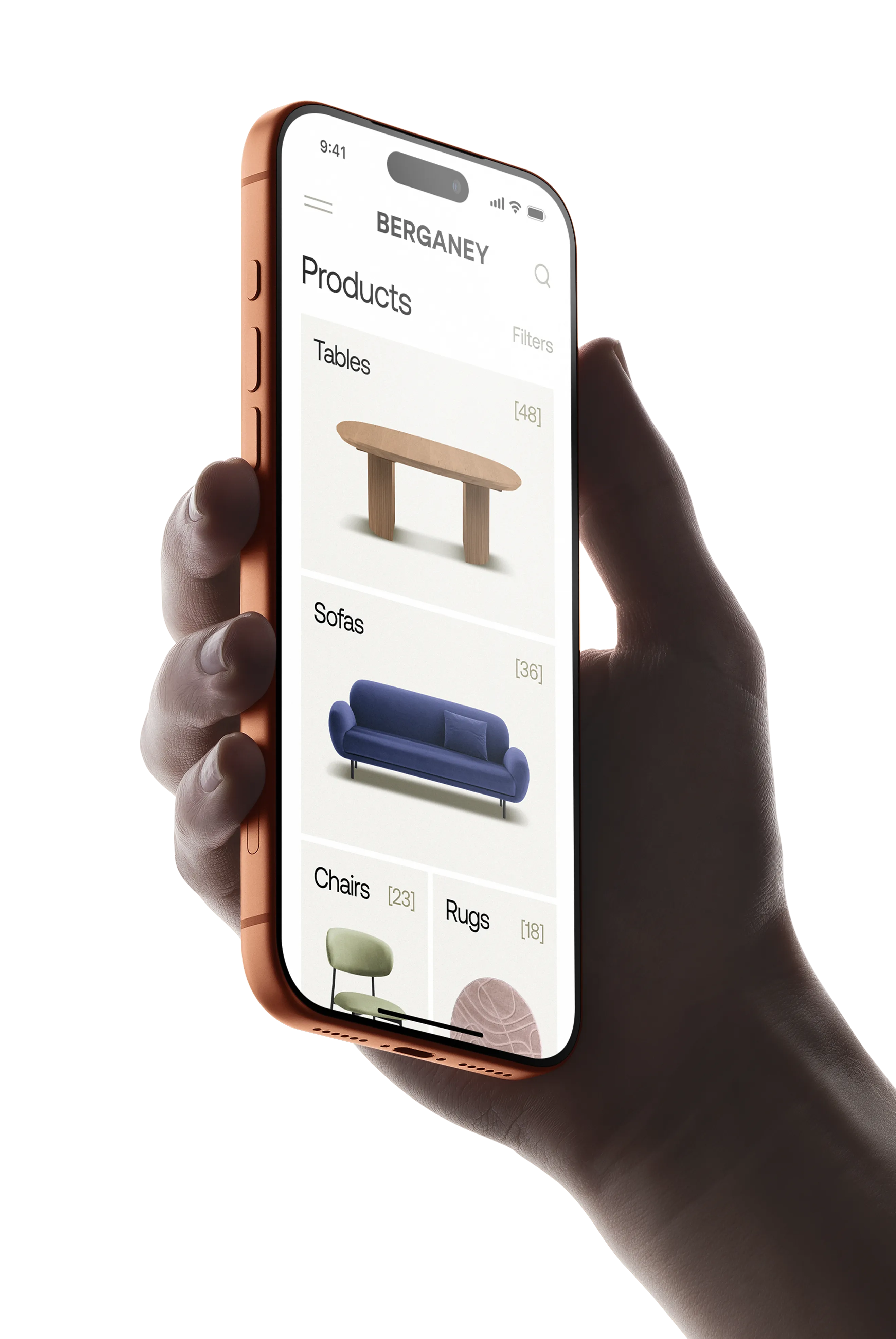 Realistic iPhone 17 Pro in hand mockup displaying an e-commerce app interface with natural lighting and depth.