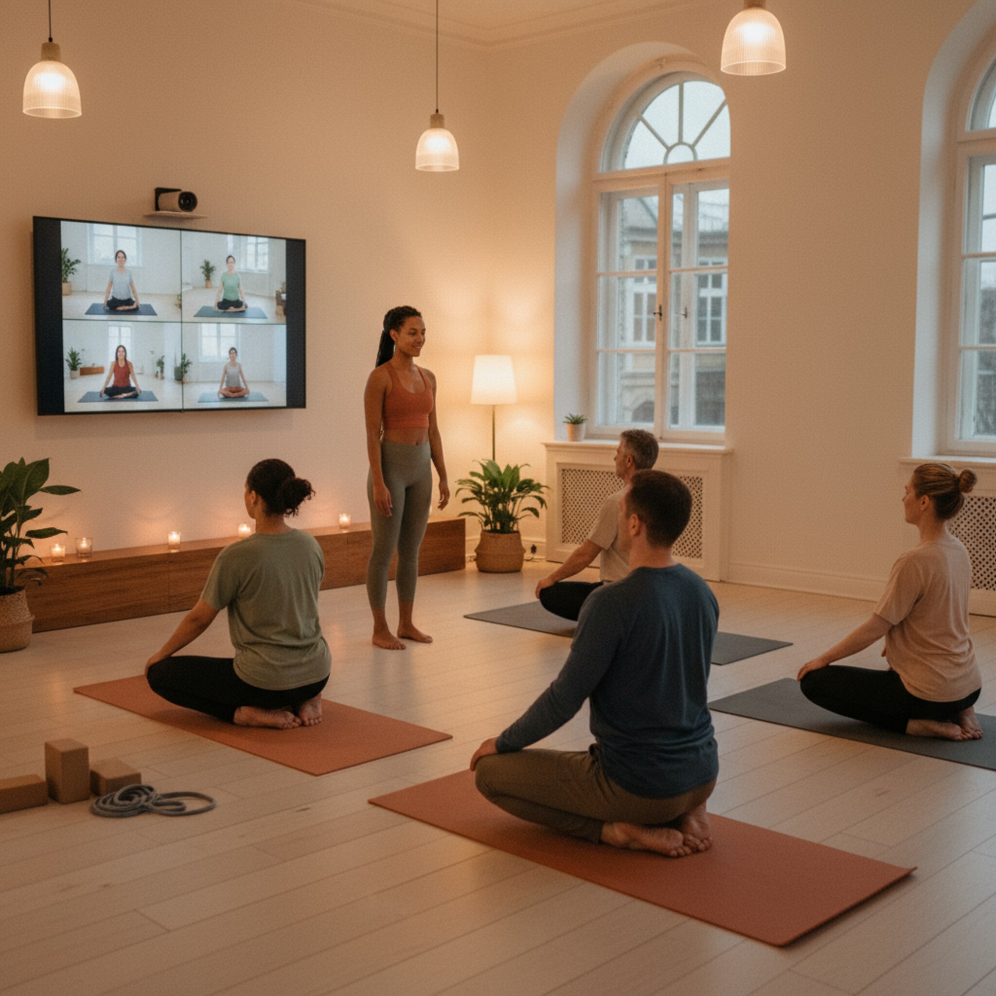 Hybrid-Yogastunde, kleine Gruppe im Studio, großer Bildschirm zeigt Remote-Teilnehmer, ruhige Abendstimmung, Kerzen, natürliche Farben, realistisches Foto