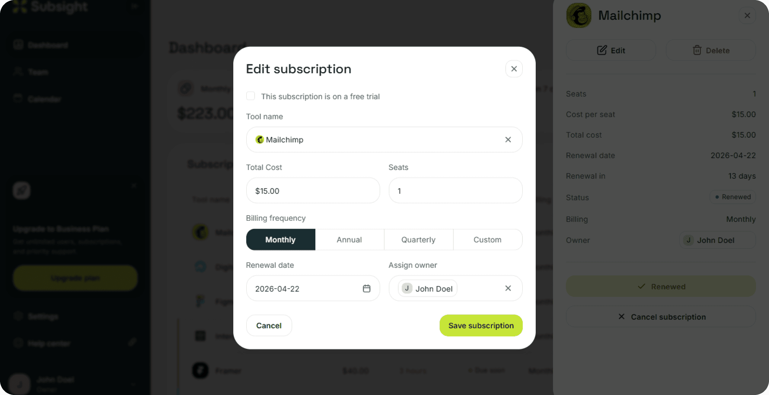 Subsight edit subscription modal with fields for cost, seats, billing frequency, renewal date, and owner.