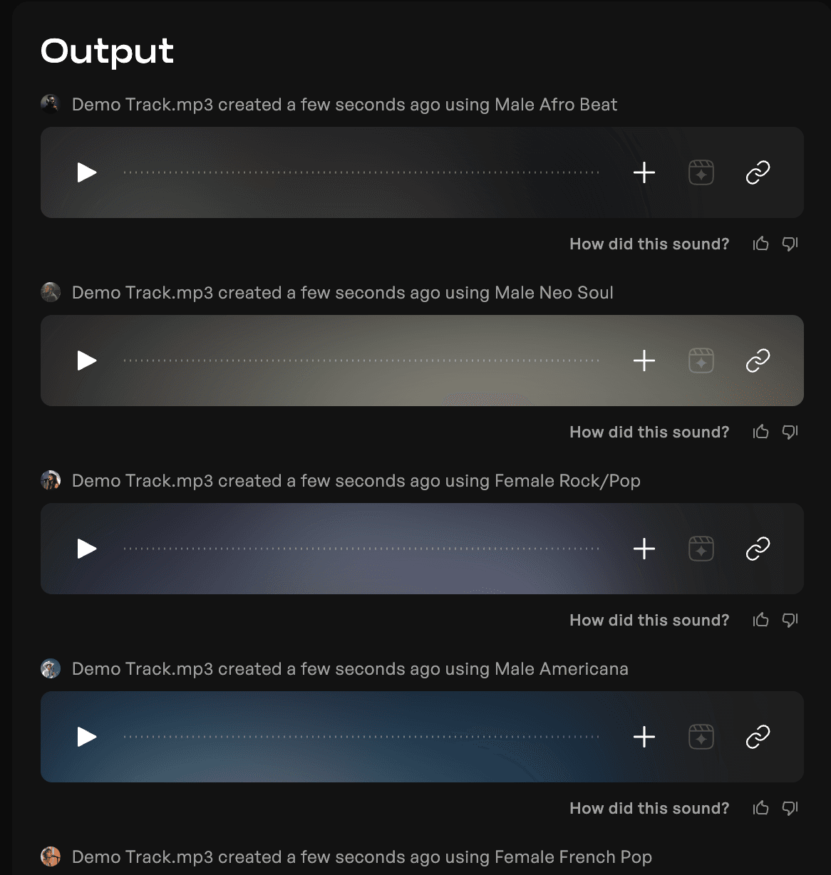 Five output audio files from Kits AI voices