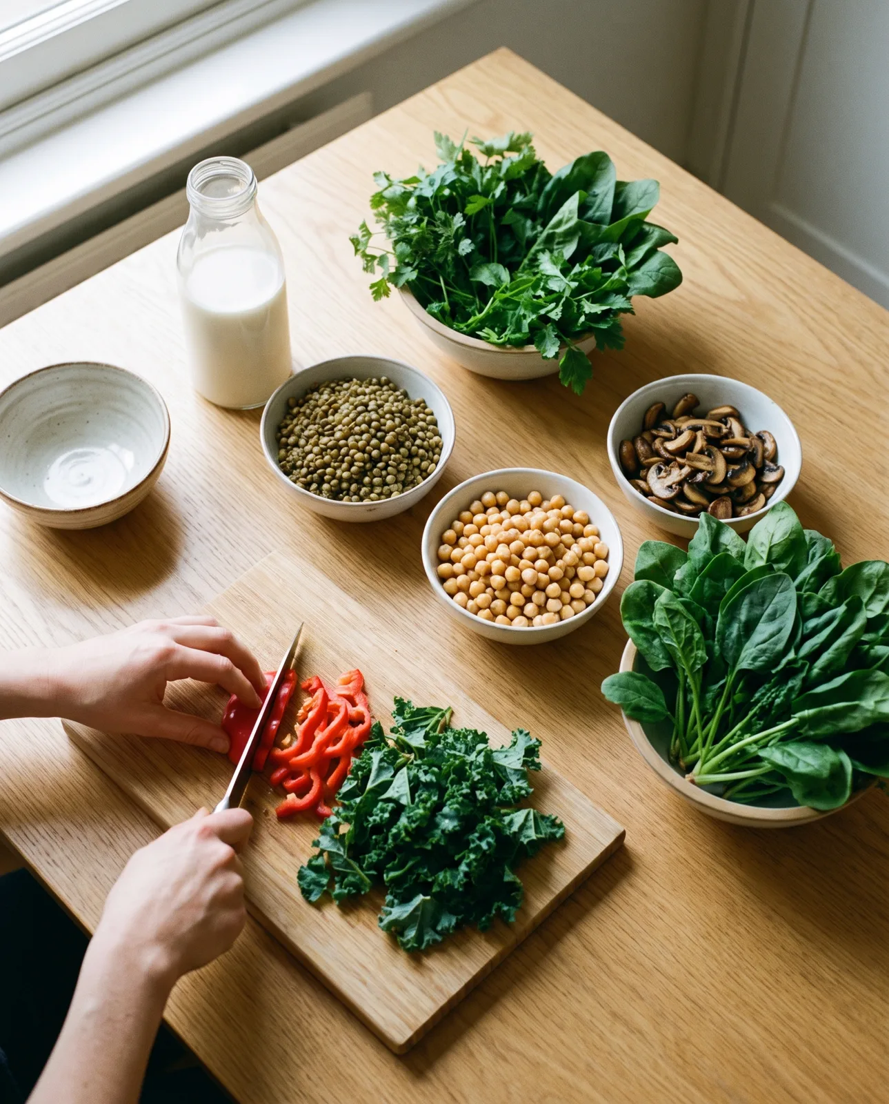 Plant-based meal being prepared on a kitchen table