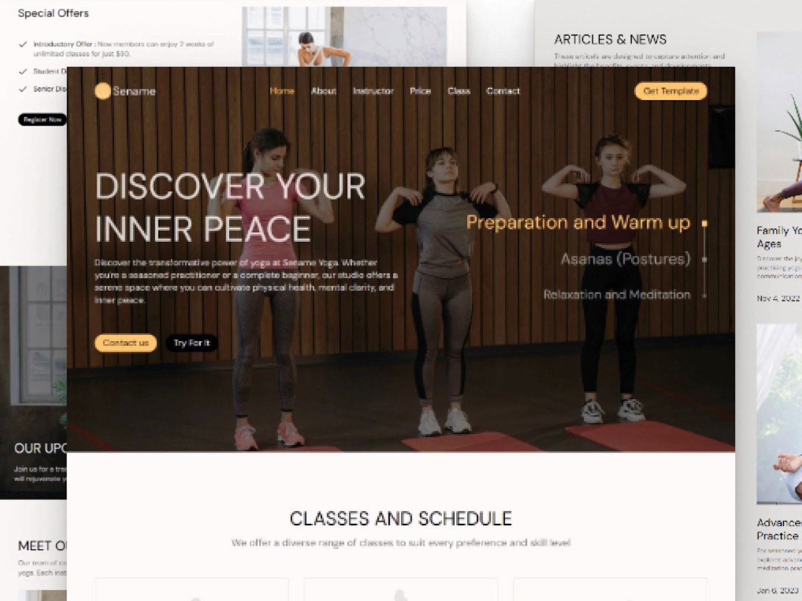 Sename yoga and meditation website template in Framer