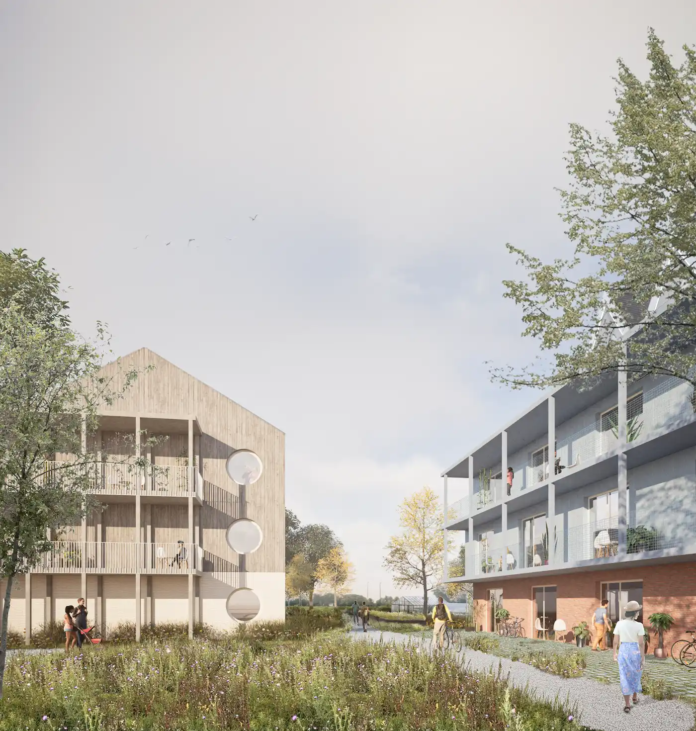 Isometrische Zeichnung eines Bauprojekts mit mehreren Gebäuden und markierten Strukturen in Rot