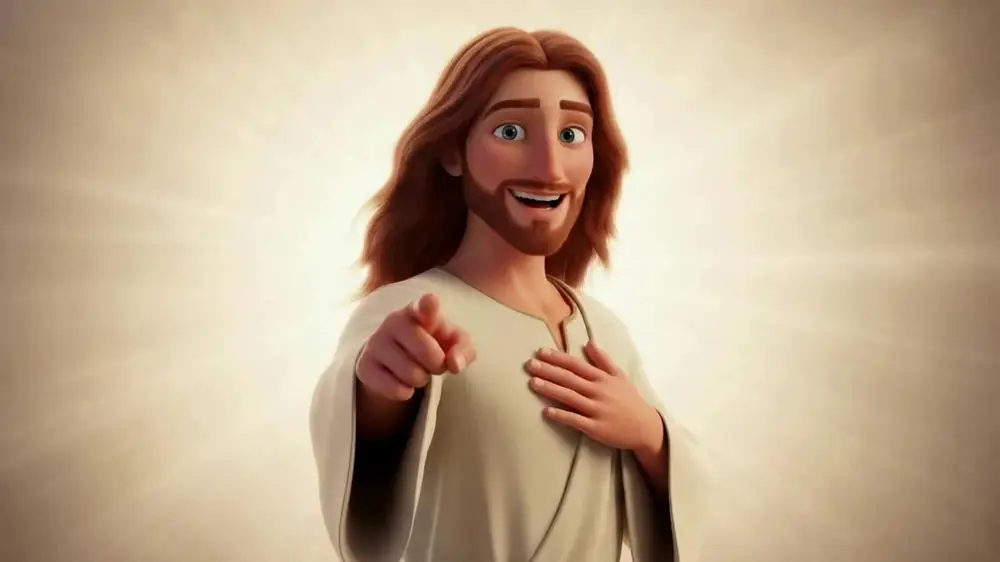 Scene 15: Jesus smiling and pointing toward the viewer